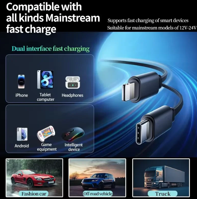 Chargeur de voiture multifonction avec écouteur airpods sans fil.