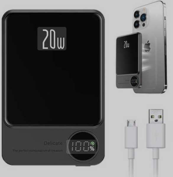 power bank (batterie externe) 20W avec affichage numérique du pourcentage de charge.