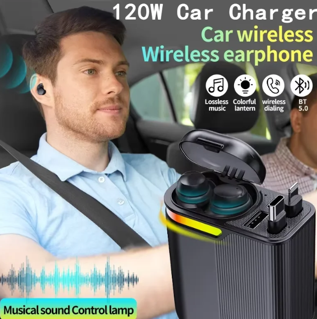 Chargeur de voiture multifonction avec écouteur airpods sans fil.