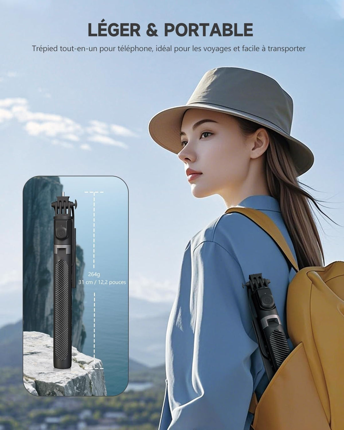 Perche Selfie Sans Fil, Rotation 360° Et Trépied Intégré