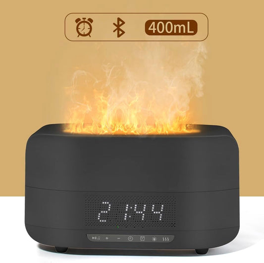 Diffuseur à effet flamme 400mL – Humidificateur, enceinte Bluetooth & réveil LED