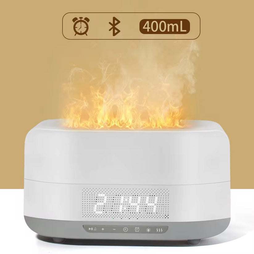 Diffuseur à effet flamme 400mL – Humidificateur, enceinte Bluetooth & réveil LED