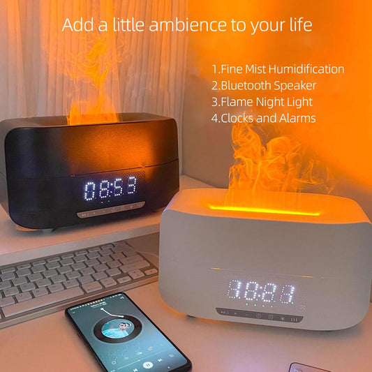 Diffuseur à effet flamme 400mL – Humidificateur, enceinte Bluetooth & réveil LED
